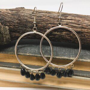 Vintage Silver Plated Circle Hoop Multi Black Teardrop Bead Dangle Earrings